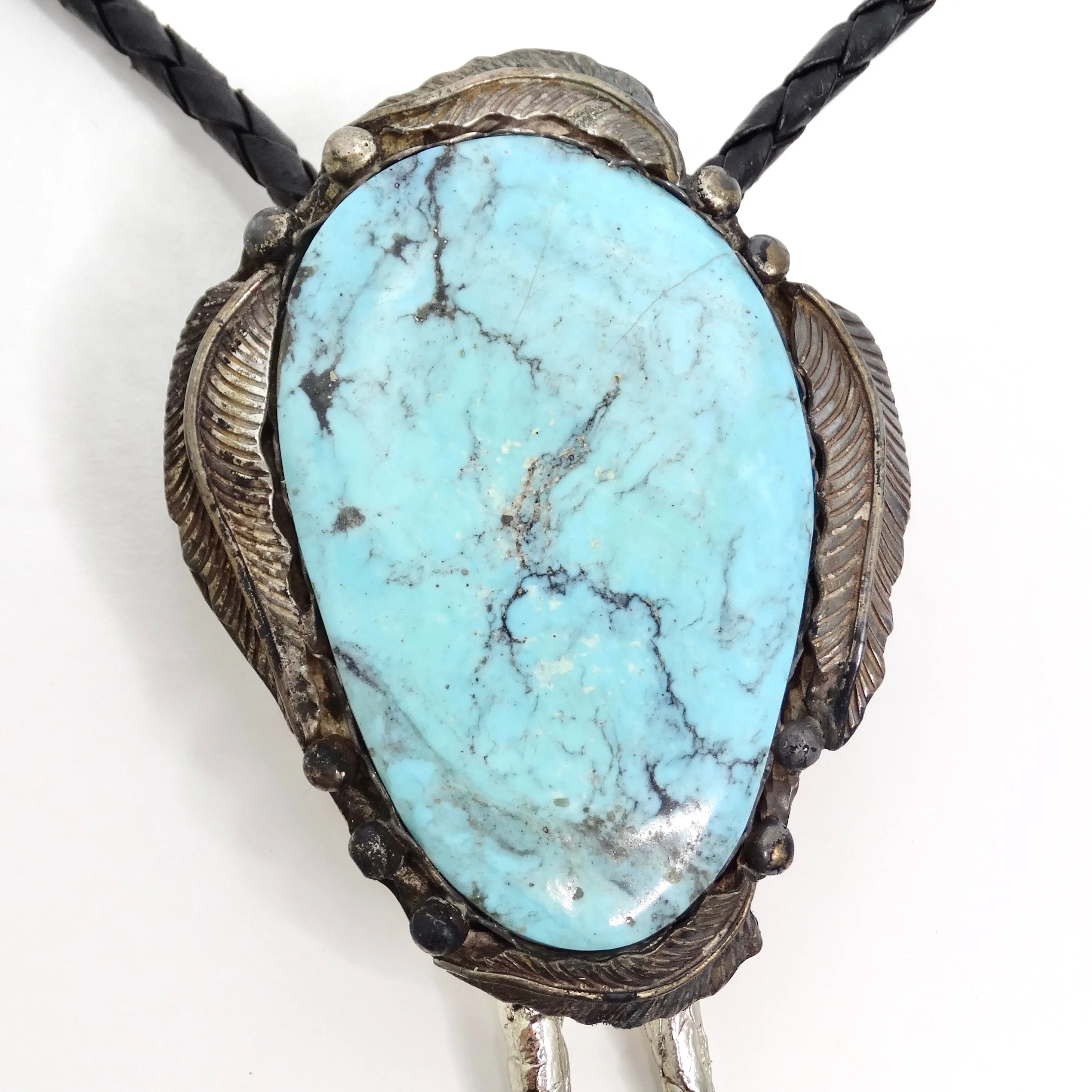 1960s Native American Silver Turquoise Bolo Necklace