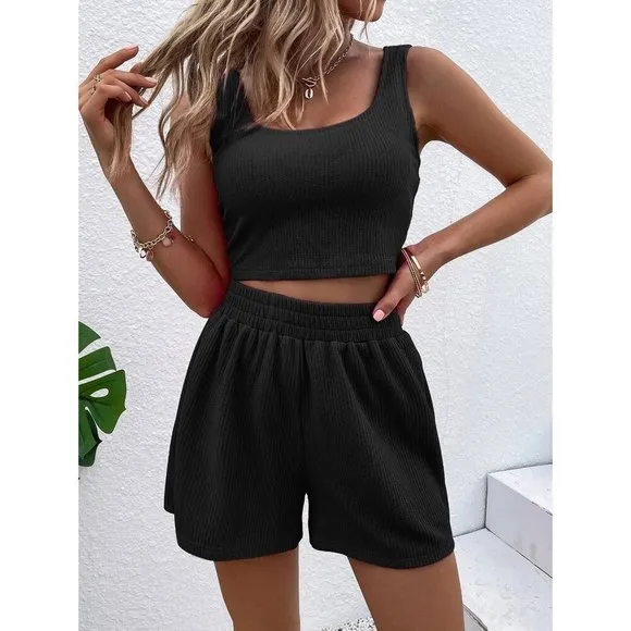 2 piece set: shorts set minimalist athletic shorts &amp; crop top tank black