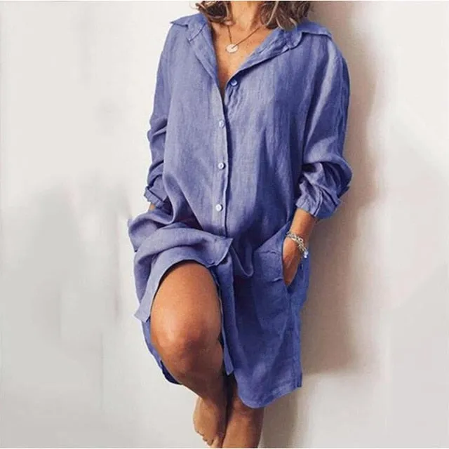 2020 Autumn Lapel Neck Long Shirt Dress Women Long Sleeve Solid Loose Button Pocket Sundress Work Casual Dress Vestido Oversized