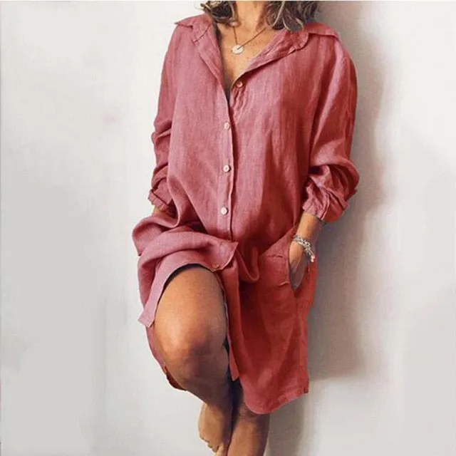 2020 Autumn Lapel Neck Long Shirt Dress Women Long Sleeve Solid Loose Button Pocket Sundress Work Casual Dress Vestido Oversized