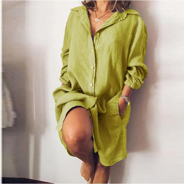 2020 Autumn Lapel Neck Long Shirt Dress Women Long Sleeve Solid Loose Button Pocket Sundress Work Casual Dress Vestido Oversized