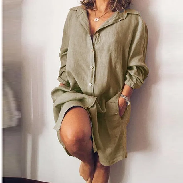 2020 Autumn Lapel Neck Long Shirt Dress Women Long Sleeve Solid Loose Button Pocket Sundress Work Casual Dress Vestido Oversized