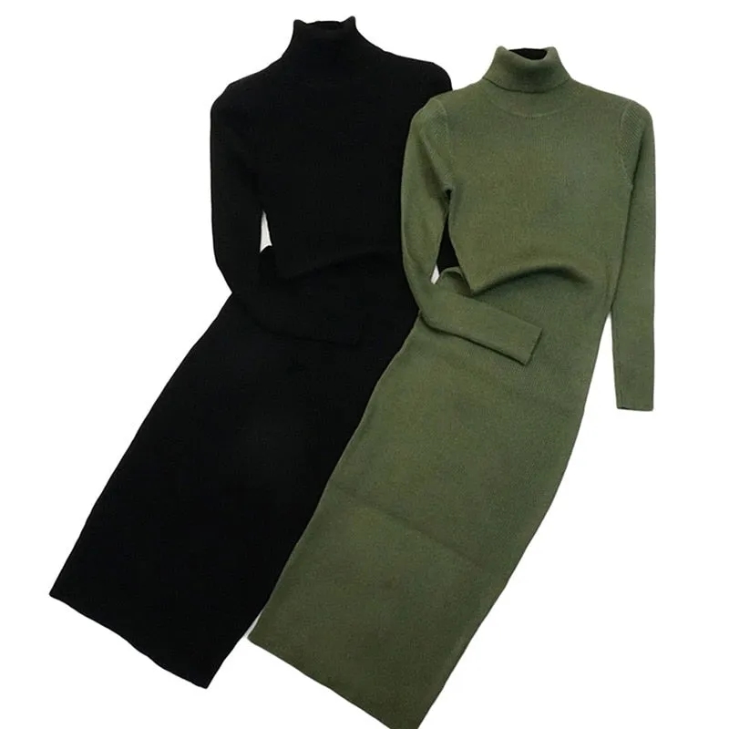 2021 New Autumn Winter Fashion Women Party Dress Knit Style Long Sleeve Turtleneck Sweater Dress Slim Work Wear Office Dress