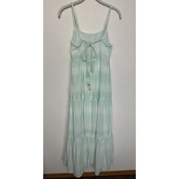 Aerie Tie Dye Tiered Maxi Sundress Sz S Green Cut Out Back Tie Gauze Lace New