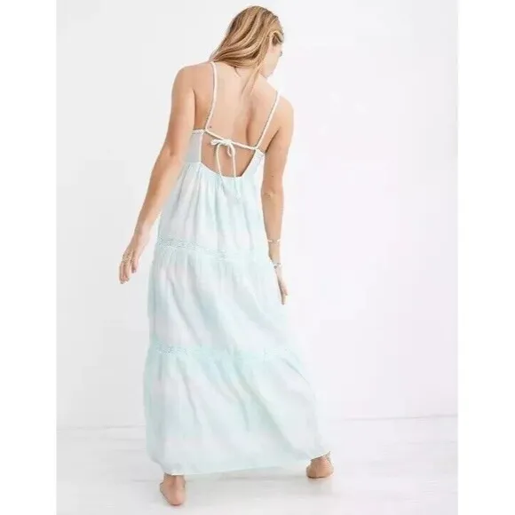 Aerie Tie Dye Tiered Maxi Sundress Sz S Green Cut Out Back Tie Gauze Lace New
