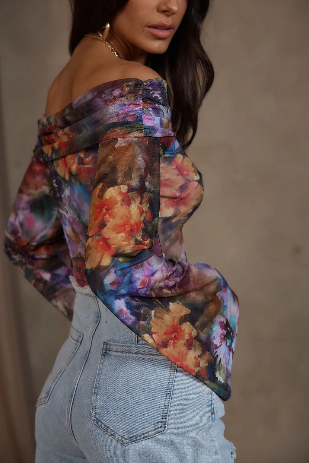 Amelia Floral Abstract Off the Shoulder Long Sleeve Top