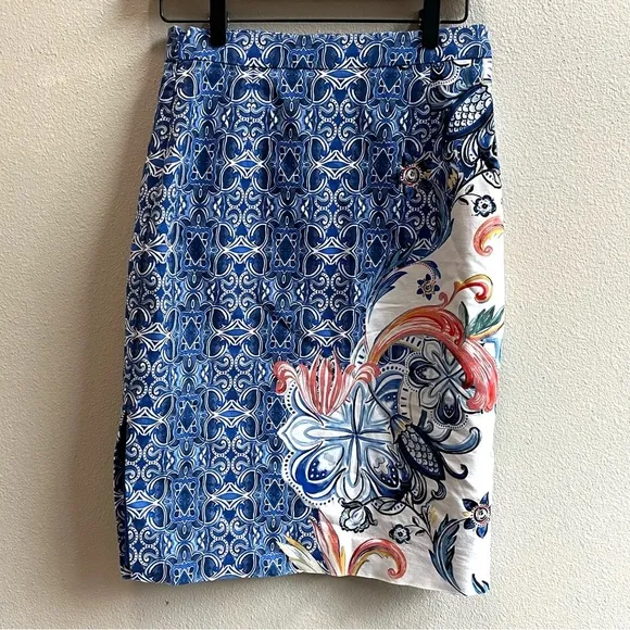 Anthropologie Moulinette Soeurs Blue Floral Pencil Skirt Side Split Women Size 2