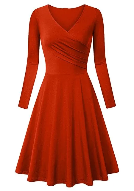 Autumn Winter Long Sleeve Dresses For Women Casual Female V-Neck Solid Vintage Office Lady Slim Work Dresses Elegant Party Dress