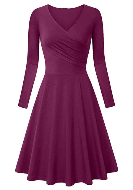Autumn Winter Long Sleeve Dresses For Women Casual Female V-Neck Solid Vintage Office Lady Slim Work Dresses Elegant Party Dress