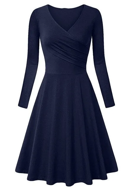 Autumn Winter Long Sleeve Dresses For Women Casual Female V-Neck Solid Vintage Office Lady Slim Work Dresses Elegant Party Dress