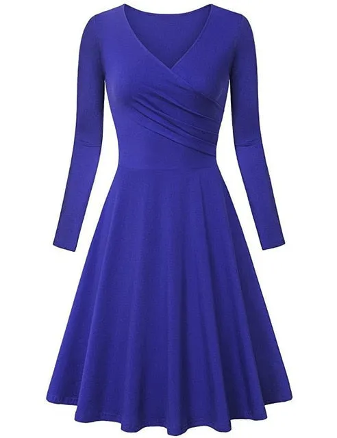 Autumn Winter Long Sleeve Dresses For Women Casual Female V-Neck Solid Vintage Office Lady Slim Work Dresses Elegant Party Dress
