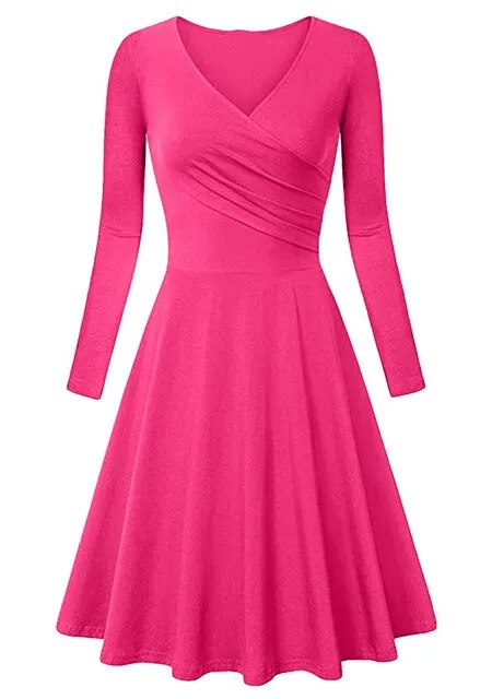 Autumn Winter Long Sleeve Dresses For Women Casual Female V-Neck Solid Vintage Office Lady Slim Work Dresses Elegant Party Dress