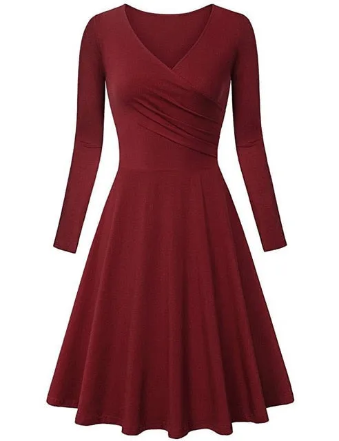 Autumn Winter Long Sleeve Dresses For Women Casual Female V-Neck Solid Vintage Office Lady Slim Work Dresses Elegant Party Dress