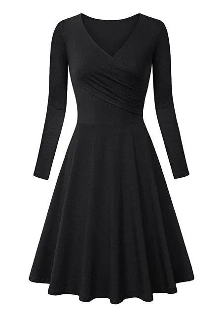 Autumn Winter Long Sleeve Dresses For Women Casual Female V-Neck Solid Vintage Office Lady Slim Work Dresses Elegant Party Dress