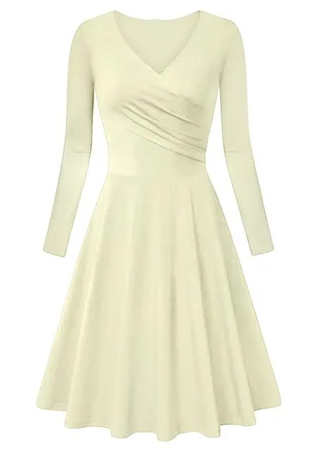 Autumn Winter Long Sleeve Dresses For Women Casual Female V-Neck Solid Vintage Office Lady Slim Work Dresses Elegant Party Dress