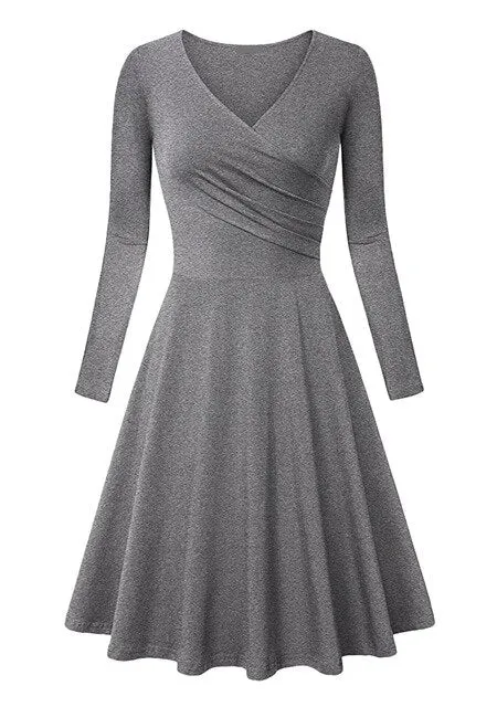 Autumn Winter Long Sleeve Dresses For Women Casual Female V-Neck Solid Vintage Office Lady Slim Work Dresses Elegant Party Dress