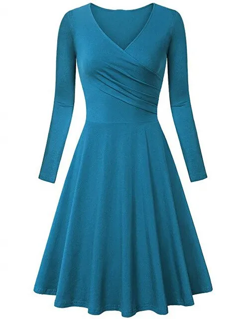 Autumn Winter Long Sleeve Dresses For Women Casual Female V-Neck Solid Vintage Office Lady Slim Work Dresses Elegant Party Dress