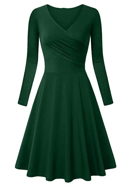 Autumn Winter Long Sleeve Dresses For Women Casual Female V-Neck Solid Vintage Office Lady Slim Work Dresses Elegant Party Dress