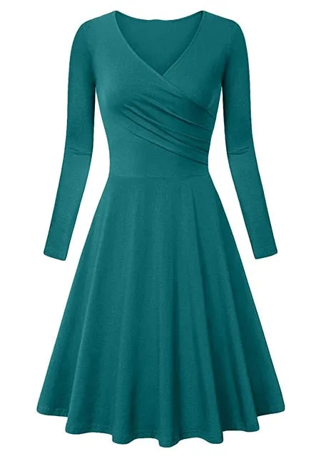 Autumn Winter Long Sleeve Dresses For Women Casual Female V-Neck Solid Vintage Office Lady Slim Work Dresses Elegant Party Dress