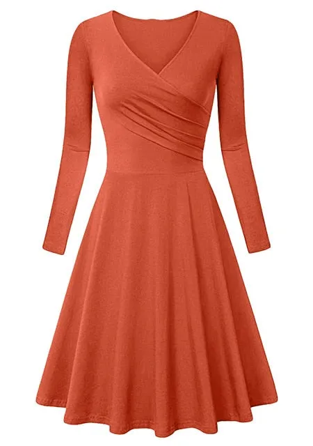 Autumn Winter Long Sleeve Dresses For Women Casual Female V-Neck Solid Vintage Office Lady Slim Work Dresses Elegant Party Dress