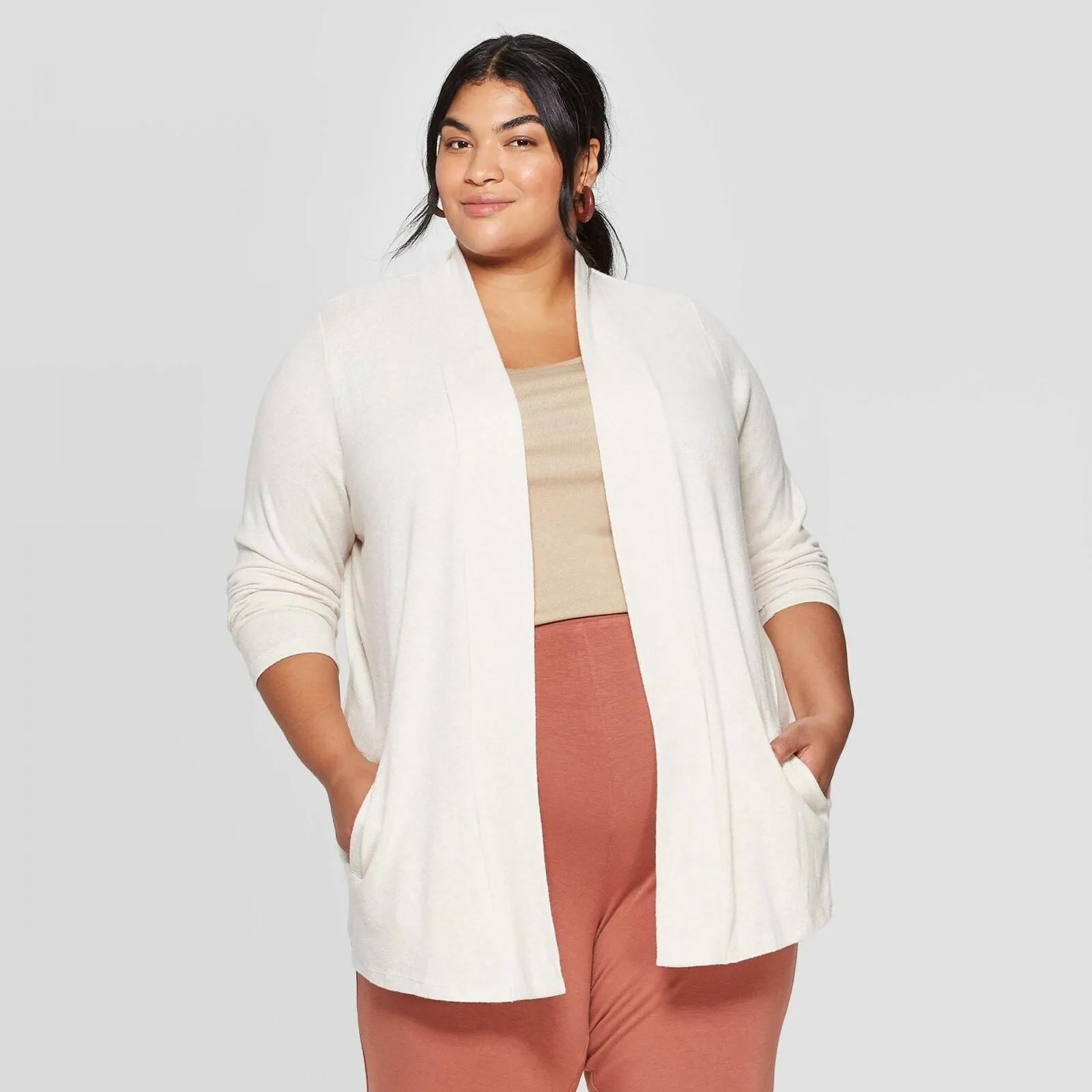 Ava & Viv Women's Plus Size Collared Open Layering Cardigan Sweater Cream 2X