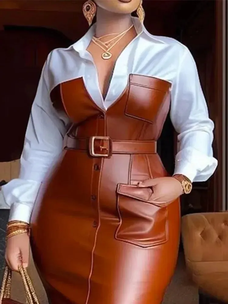 Belted Faux Leather Pocketed Skirt and Lapel Shirt Dress