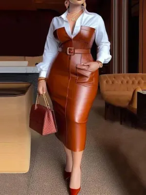 Belted Faux Leather Pocketed Skirt and Lapel Shirt Dress