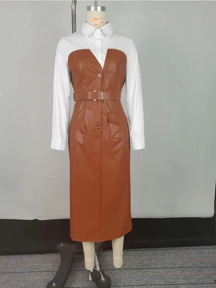 Belted Faux Leather Pocketed Skirt and Lapel Shirt Dress