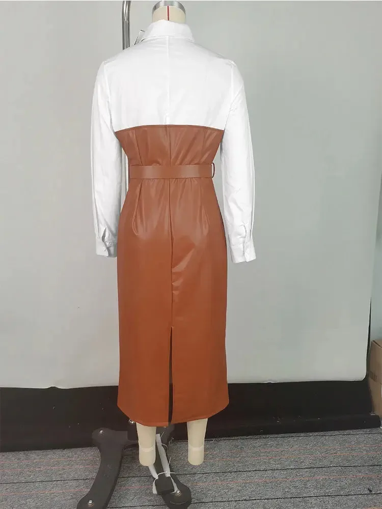 Belted Faux Leather Pocketed Skirt and Lapel Shirt Dress