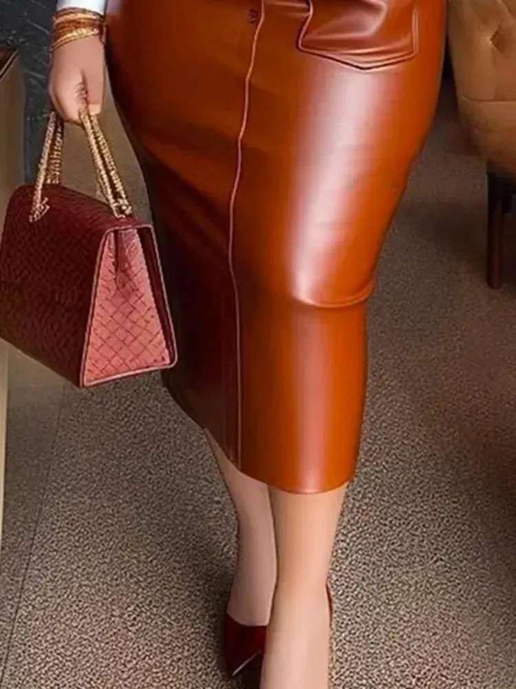 Belted Faux Leather Pocketed Skirt and Lapel Shirt Dress