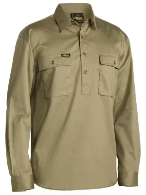 Bisley Closed Front Cotton Drill Shirt - Long Sleeve - Khaki