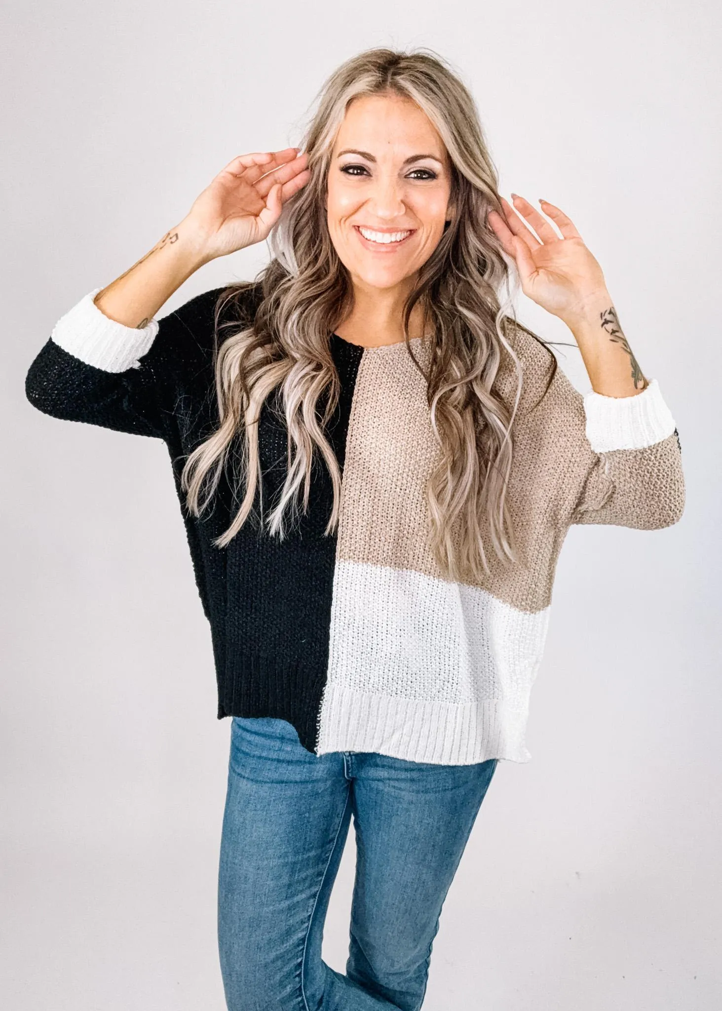 Black and Tan Color Block Knit Sweater