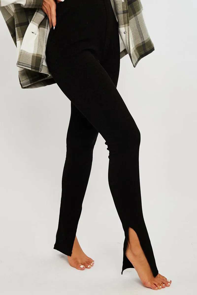 Black Ribbed Side Split Leggings - Enzie