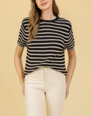 Bliss Horizon Striped Short Sleeve Sweater in Navy
