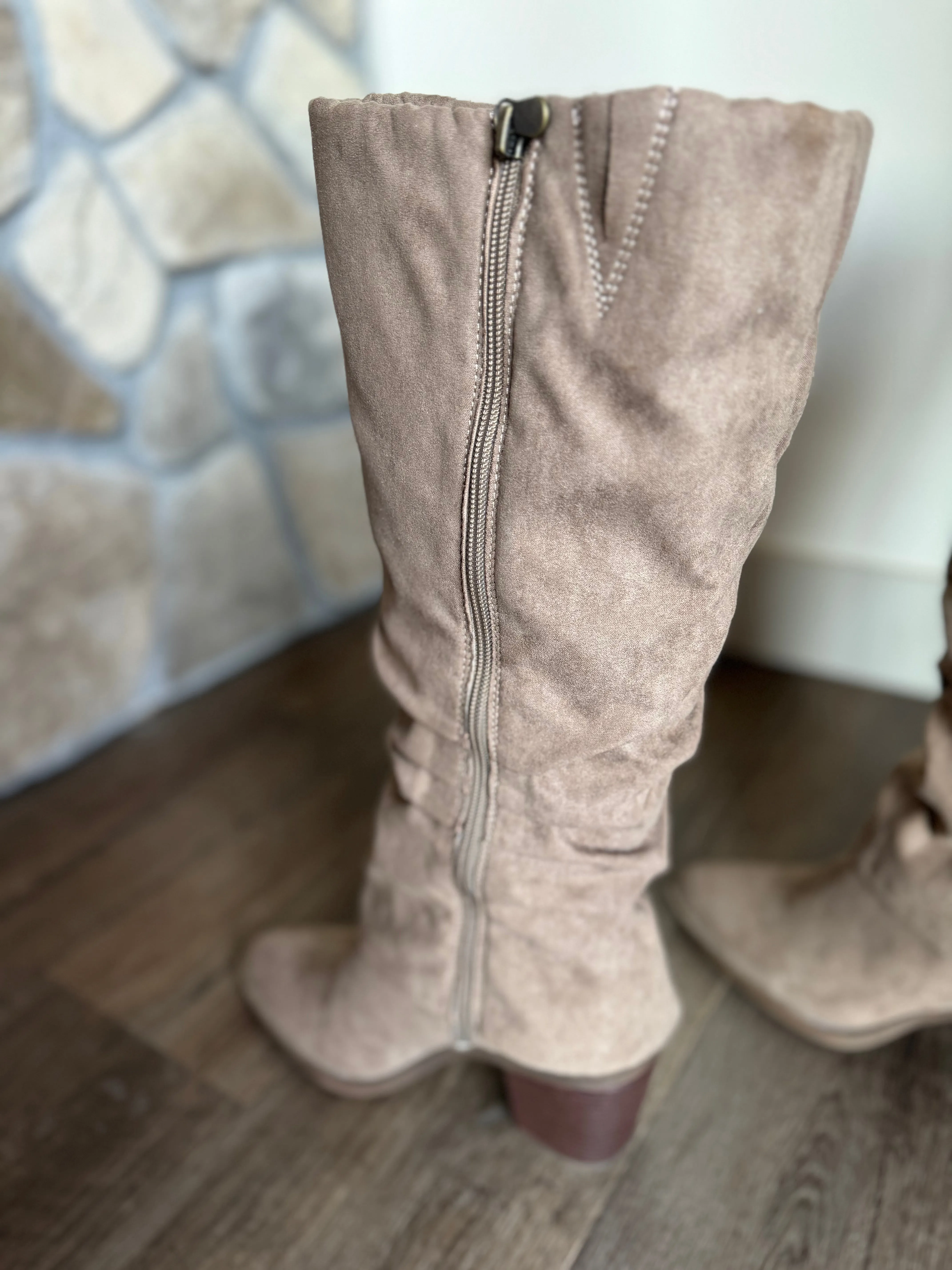 blowfish tall taupe microsuede heeled boot
