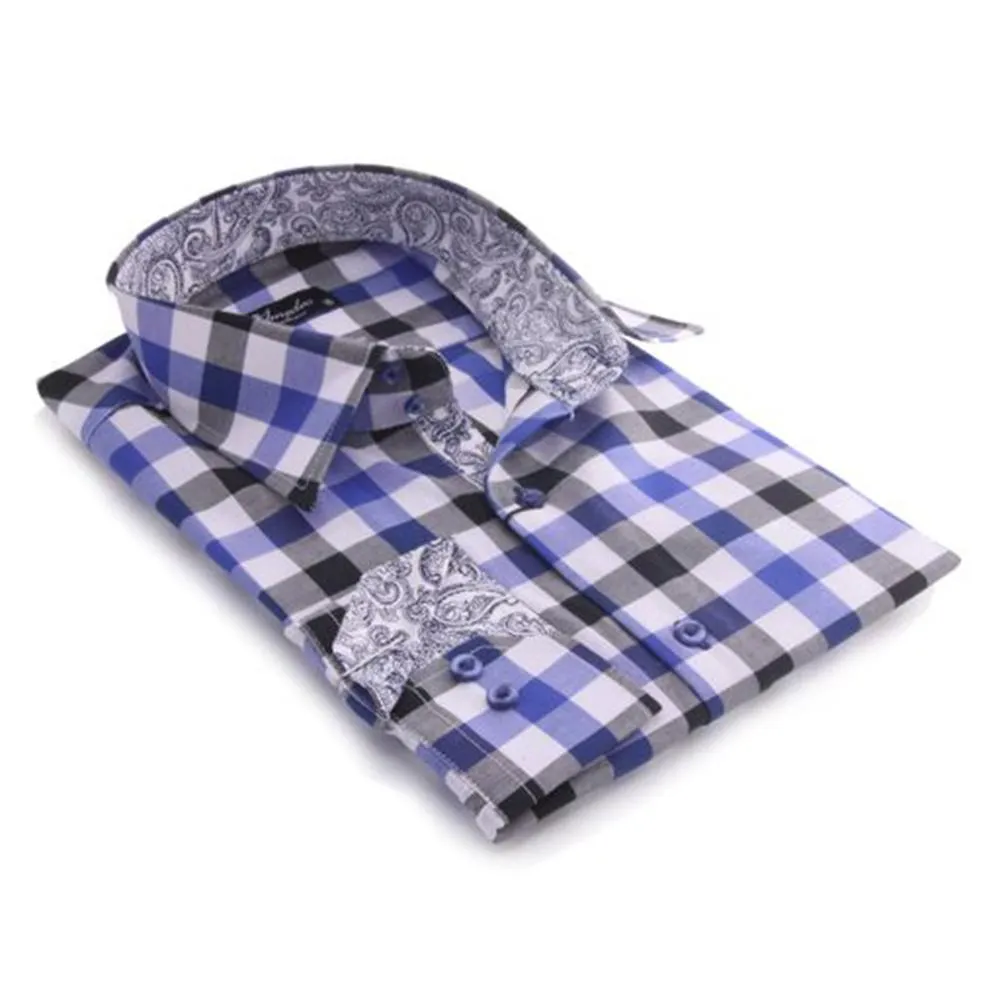 Blue Check with Paisley Mens Slim Fit Designer French Cuff Shirt - tailored Cotton Shirts for Work and Casual Wear