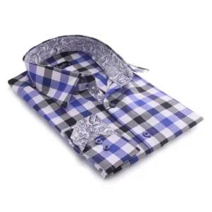 Blue Check with Paisley Mens Slim Fit Designer French Cuff Shirt - tailored Cotton Shirts for Work and Casual Wear