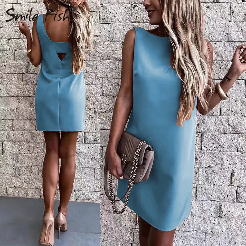 Boho Casual Women Dress Sleeveless O-neck Loose Sexy Mini Dresses Summer Backless Elegant Solid Work Office Dress Overalls GV561