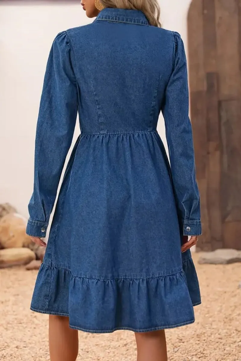 Chouyatou Women's Flowy Denim Dress 2025 Vacation Lapel Long Puff Sleeve Button Down A Line Swing Ruffle Jean Dress