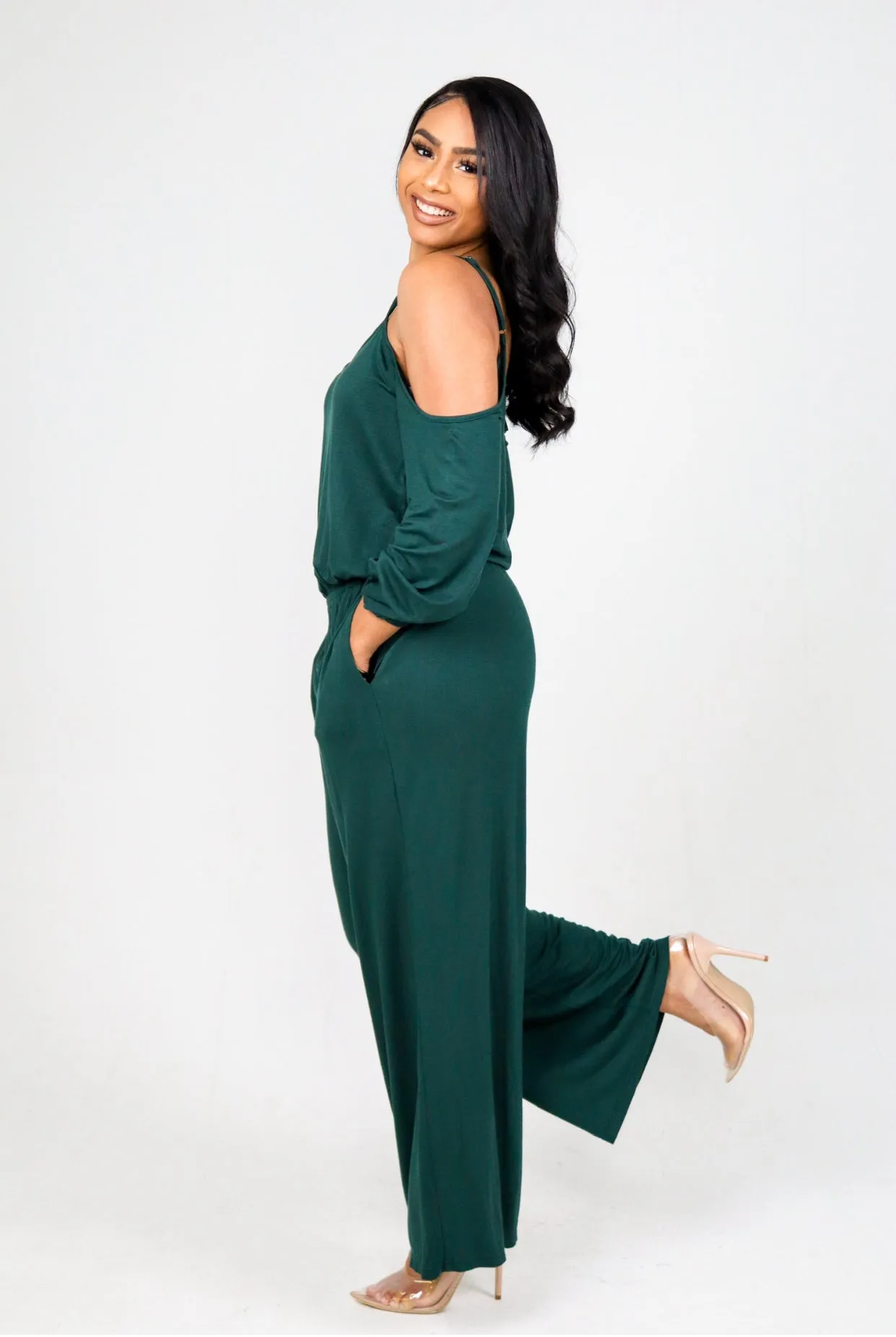 COLD SHOULDER JUMPSUIT (Hunter Green) FINAL SALE