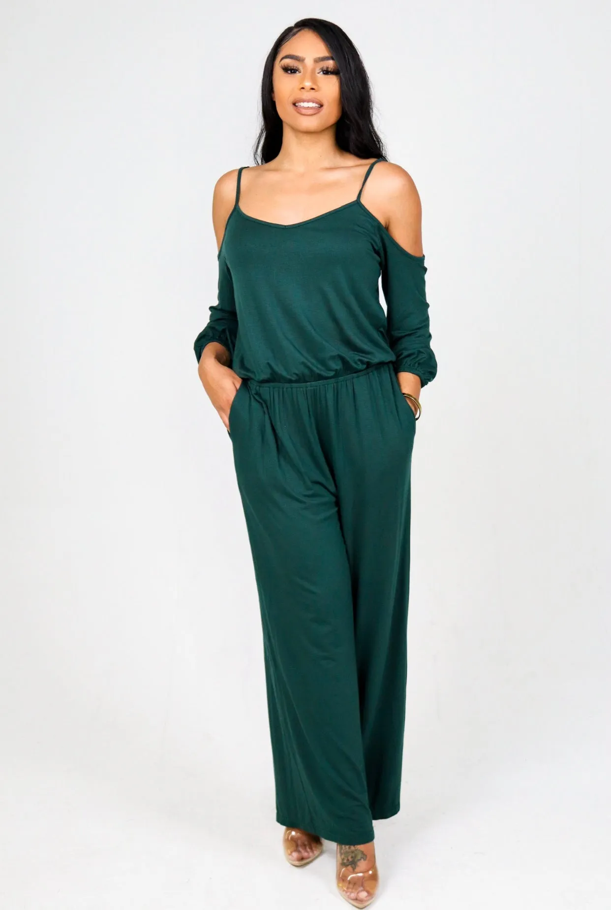 COLD SHOULDER JUMPSUIT (Hunter Green) FINAL SALE