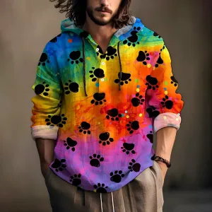 Colorful Textured Dog Paw Print Hooded Half-Open Long Sleeve Shirt 2408002716