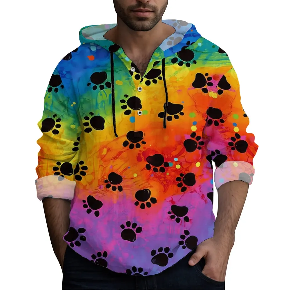 Colorful Textured Dog Paw Print Hooded Half-Open Long Sleeve Shirt 2408002716