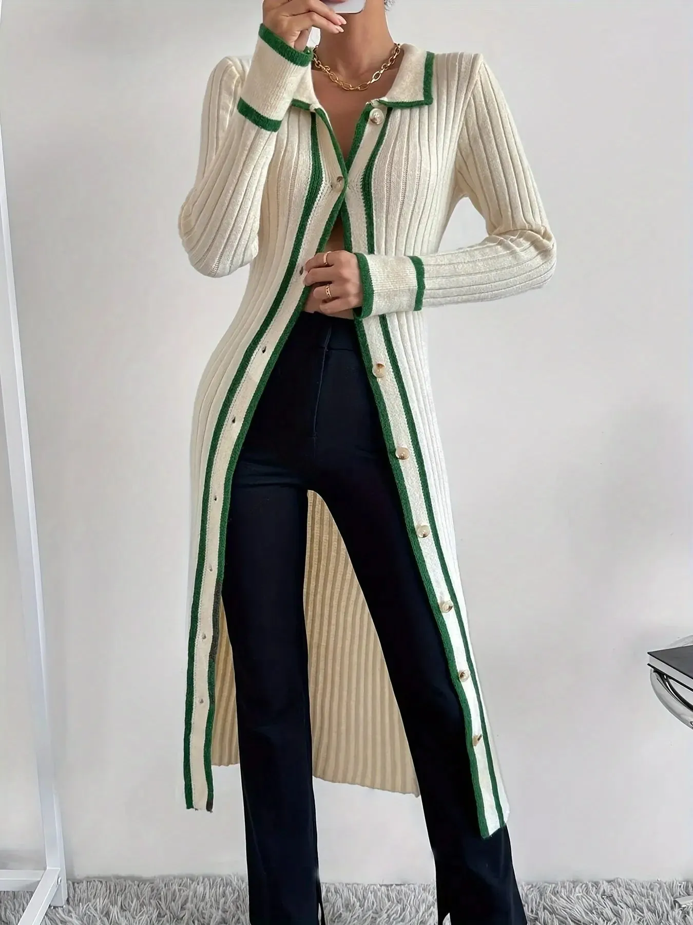 Contrast Trim Button Front Cardigan Sweater Dress