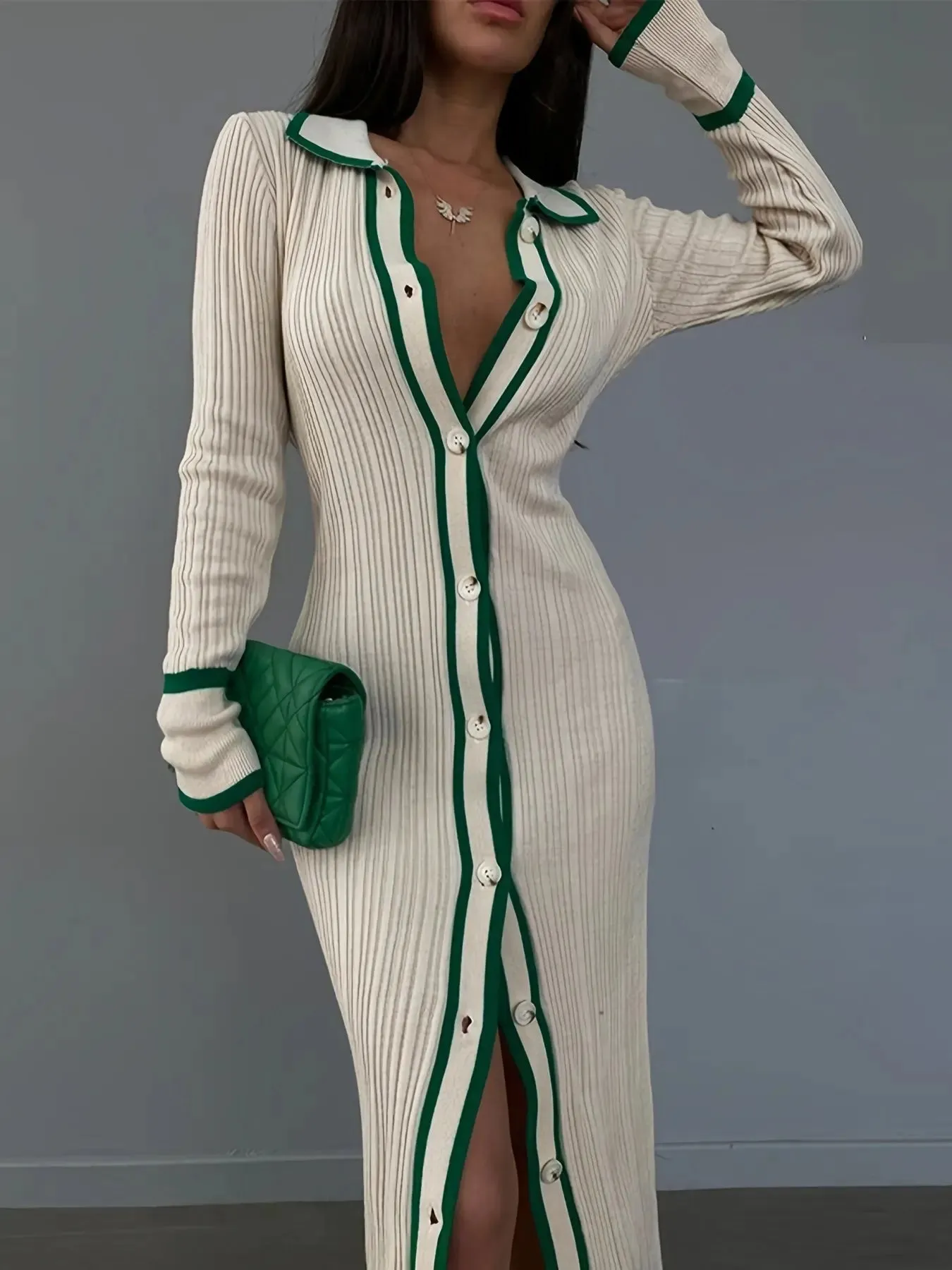 Contrast Trim Button Front Cardigan Sweater Dress