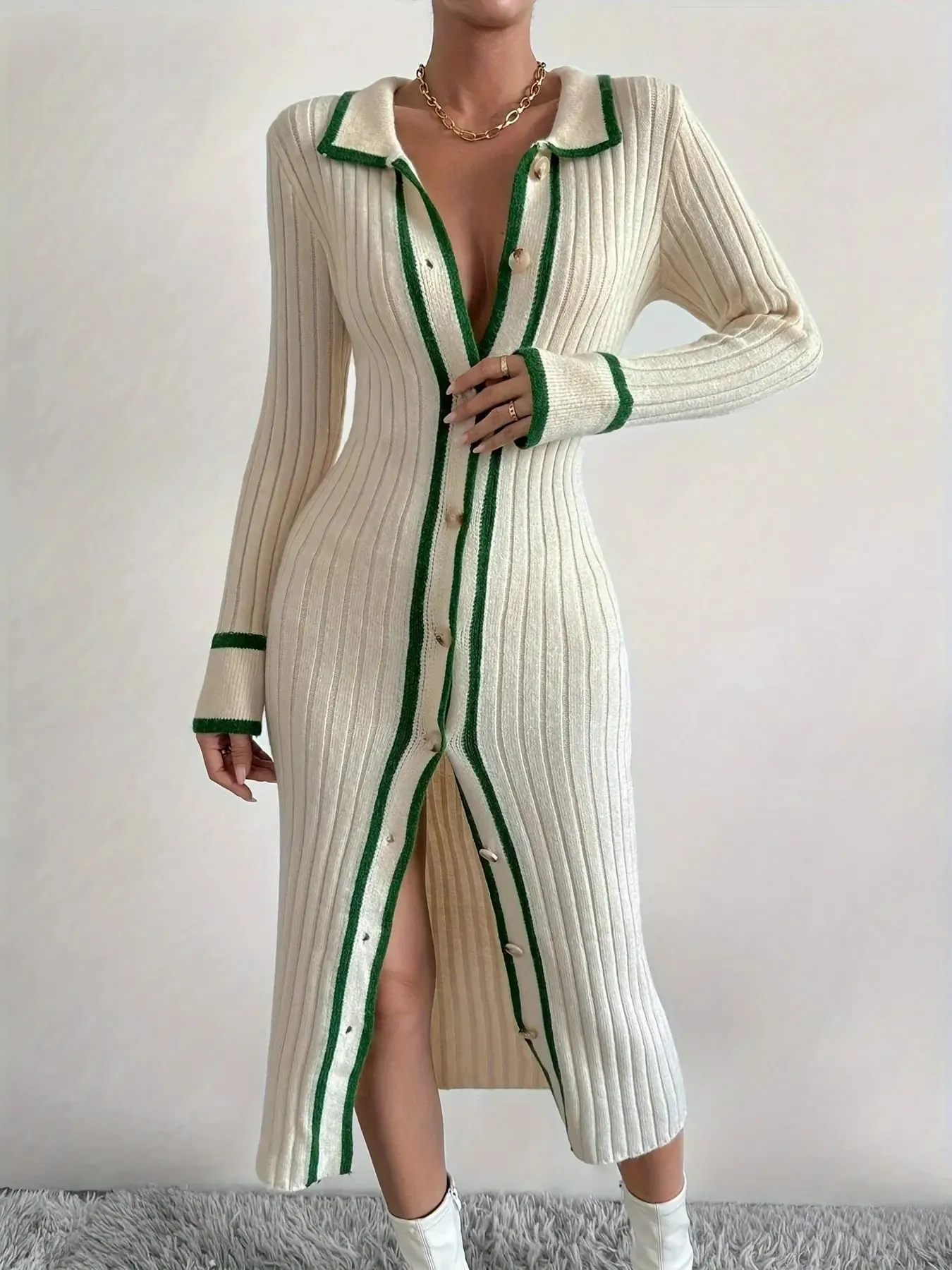 Contrast Trim Button Front Cardigan Sweater Dress