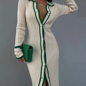 Contrast Trim Button Front Cardigan Sweater Dress