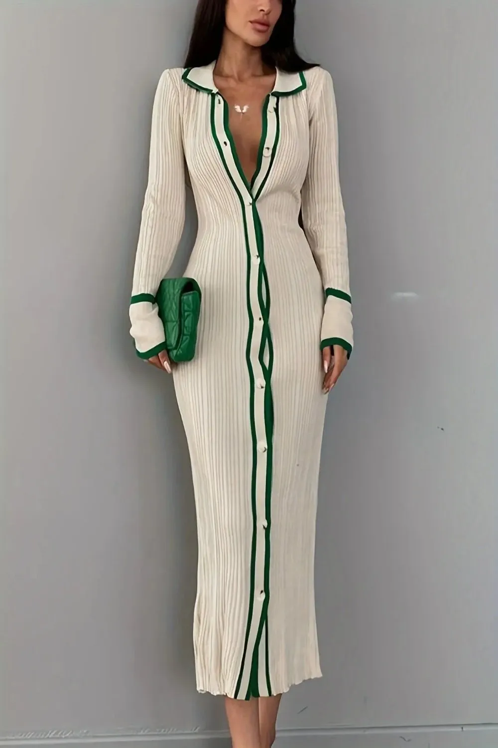 Contrast Trim Button Front Cardigan Sweater Dress