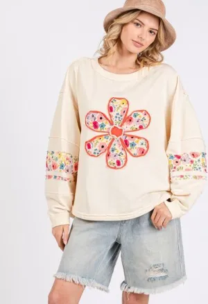 Cream Daisy Patch Applique Long Sleeve Sweatshirt
