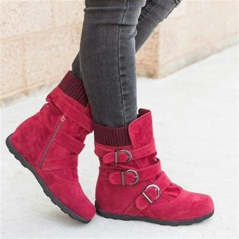 Cushioned Low-Calf Knitted Fabric Zipper Buckled Slip On Boots